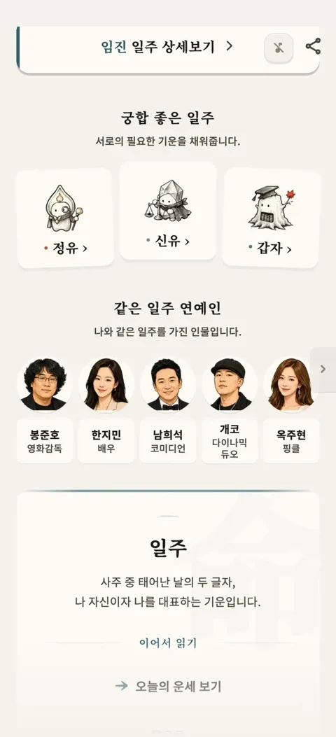 같은 일주 연예인 화면 — 나와 같은 일주를 타고난 인물들