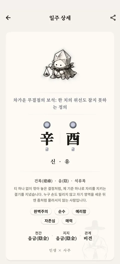 일주 상세 화면 — 신유일주의 얼굴과 성정, 키워드